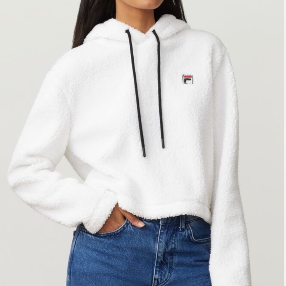 Fila White Plush Sherpa Pullover Logo Hoodie SZ Large